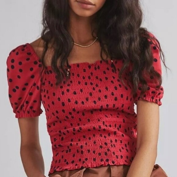 Anthropologie Tops - NEW ANTHROPOLOGIE DOLAN BLOUSE XL POLKA DOT SMOCK TOP RED BLACK PUFF SLEEVE NWOT